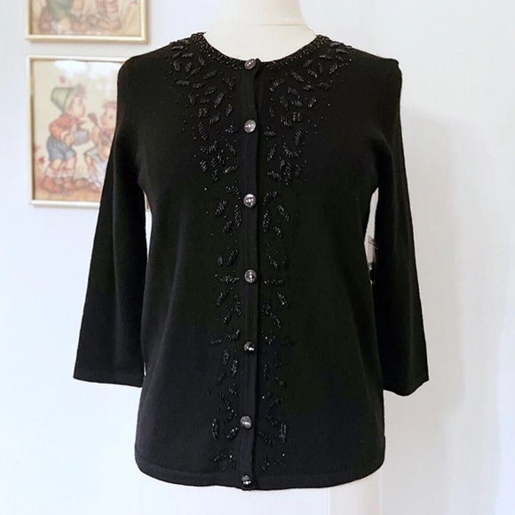 NEW Marisa Christina Merino Wool Beaded Cardigan Office Sweater Black M Medium - Picture 1 of 5